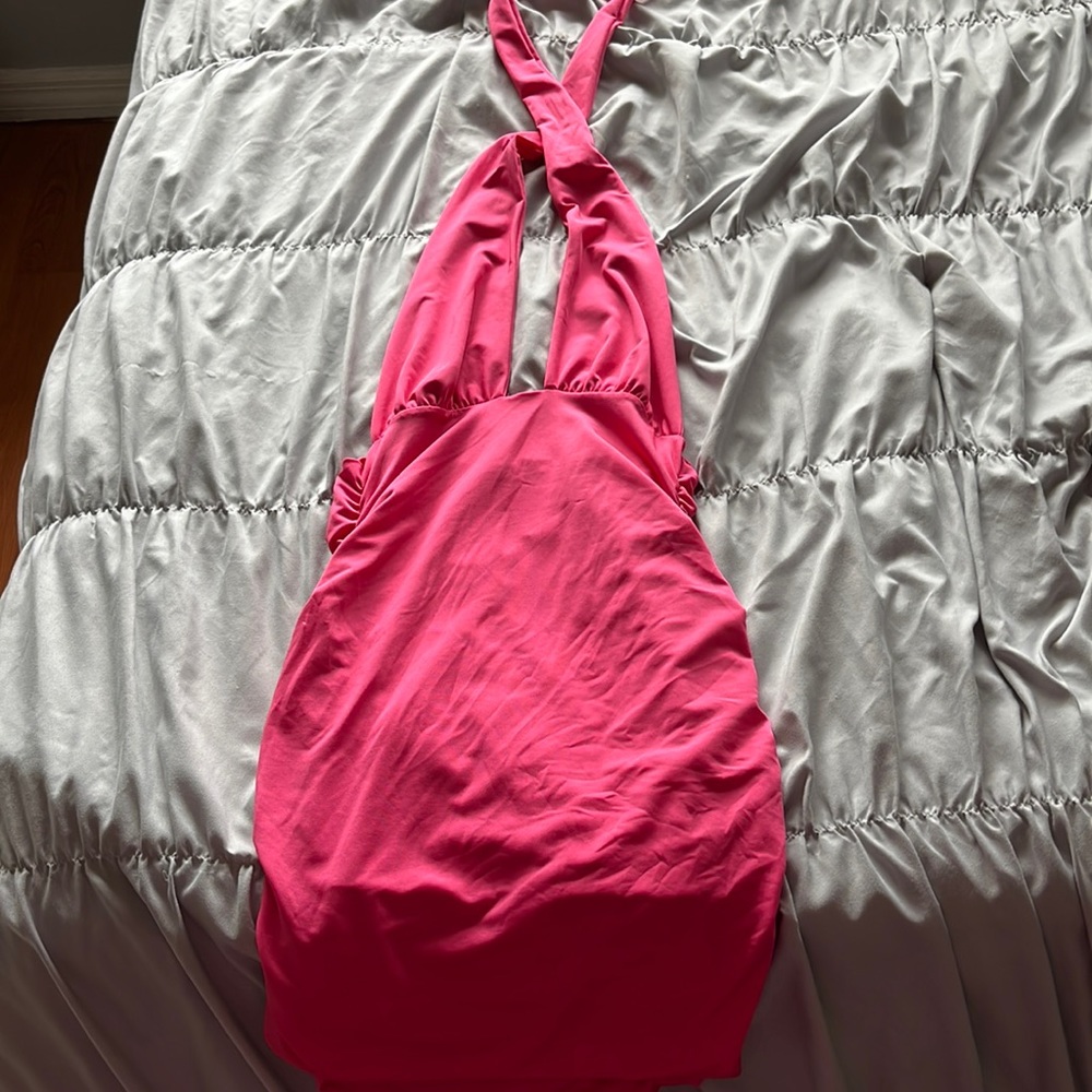 Pink tie scrunched mini dress